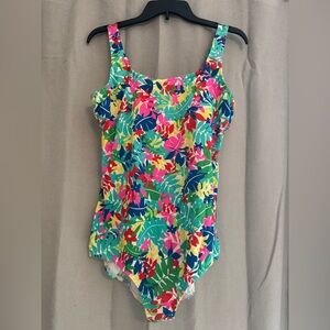 Lands' End Women's One Piece Swimsuit Size 18 Colorful Leaves Tropical EUC